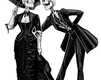 May include: Black and white illustration of two skeletons in Victorian attire. One skeleton holds a black umbrella, the other leans in. The woman skeleton wears a long dress, the man skeleton wears a suit.