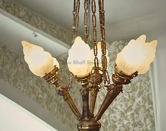 Art Deco Antique Flame Glass Chandelier | Vintage Hanging Light Fixture | Frosted Glass