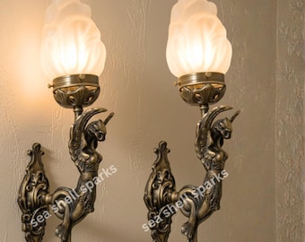 ペアヴィンテージアールヌーボーデコライトオールドランプライオンマーメイドウォールスコンスフィクスチャ真鍮＆フロストフレームガラスライトアンティークランプ