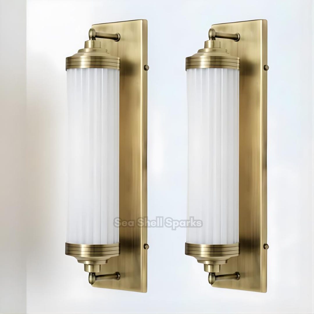 Pair of Art Deco Brass & Milk Glass Fixture Antique Wall Light Vintage ...