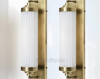 Paar Art-Deco-Messing & Milchglas Befestigung Antike Wandleuchte Vintage Wandlampen
