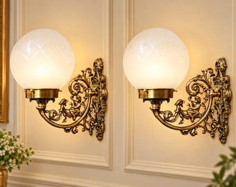 Brass & Frosted Dome Glass Shade Antique Vintage Art Deco Nouveau Old Cherub Wall Sconces Fixture Pair