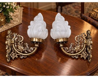 Art Deco Brass & Frosted Flame Glass Shade Old Nouveau light Cherub Wall Sconces Fixture Antique Vintage lamp Pair