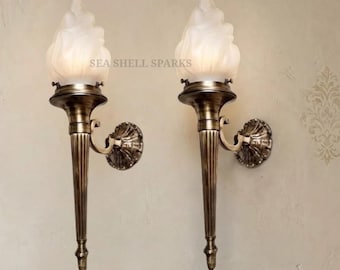 Pair Rare Vintage Art Deco Mashaal Light Old Lamp Wall Sconces Fixture Heavy Brass & Frosted Flame Glass Shade Light Antique