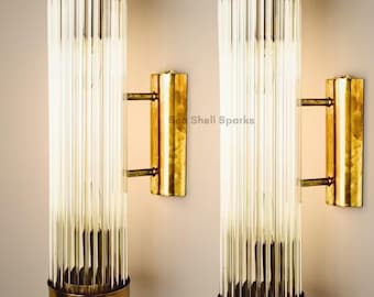 Pair Skyscraper Vintage Art deco light Wall Mounted Sconces Fixture Brass & Glass Rod Light