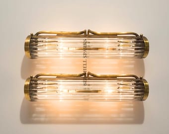 ペアスカイスクレイパーヴィンテージアールデコライト古いランプ壁取り付け用燭台器具真鍮＆ガラスロッドシップライトアンティーク