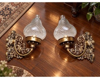 Vintage Art Nouveau Deco light Old Cherub Wall Sconces Fixture Brass & Clear Glass Shade Light Antique Lamp Pair