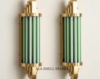 アールデコ調真鍮製壁付け照明（ペア）｜グリーン＆ミルクガラスのヴィンテージスタイルライト