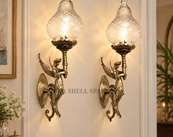 Antique Brass Mermaid Wall Sconce | Art Nouveau Bell Shaped Clear Glass Light Fixture