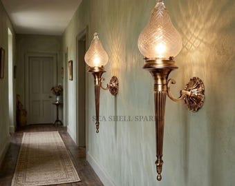 Pair Rare Vintage Art Deco Mashaal Light Old Lamp Wall Sconces Fixture Heavy Brass & Clear Pear Glass Shade Light Antique