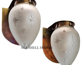 ペアヴィンテージアールデコライト古いランプ壁取り付け用燭台器具真鍮＆スターフロストガラスシェードランプシップライトアンティーク