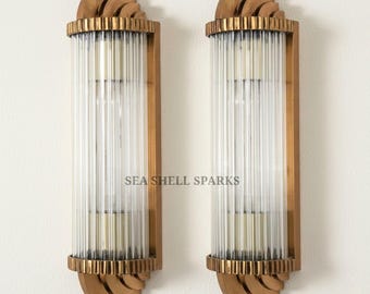 ペアスカイスクレイパーヴィンテージアールデコライト古いランプ壁取り付け用燭台器具真鍮＆ガラスロッドシップライトアンティーク