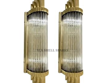 ペアスカイスクレイパーヴィンテージアールデコライト古いランプ壁取り付け用燭台器具真鍮＆ガラスロッドシップライトアンティーク