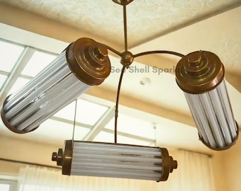 Art Deco Vintage Messing & Milch / Klarglas Kronleuchter | Antike Stil Lampe | 3-flammiger Kronleuchter