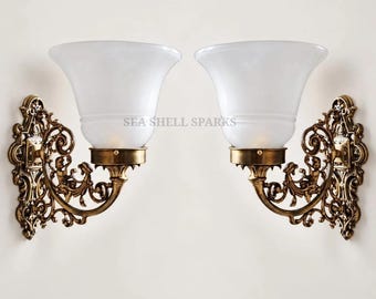 Vintage Brass & Frosted Bell Shaped Glass Shade Antique Art Deco Nouveau Old Cherub Wall Sconces Fixture Pair