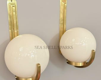 Art Deco Brass Wall Sconce | Milk Glass Globe Lamp, Pair