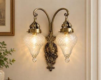 Antique Vintage Art Deco Old Fixture Brass Double Glass Wall Sconce Light Shade Lamp