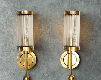 アールデコ調ヴィンテージスタイル ペア | 真鍮＆透明ガラス製照明器具 | 壁掛けライト