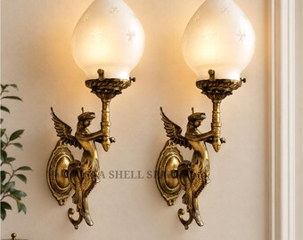 Antique Brass Mermaid Wall Sconce | Art Nouveau Pear Frosted Star Glass Light Fixture