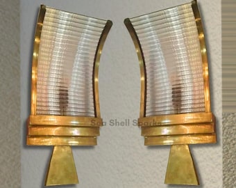 アールデコ調ヴィンテージ真鍮＆ガラス壁付け照明器具（ペア）｜アンティーク調照明器具