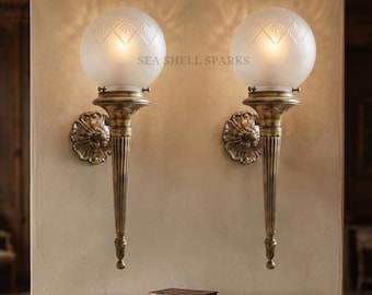 Pair Rare Vintage Art Deco Mashaal Light Old Lamp Wall Sconces Fixture Heavy Brass & Frosted Flame Glass Shade Light Antique