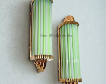 ヴィンテージアールデコ調ウォールスコンス（ペア）｜真鍮＆オパリングリーンミルクガラス