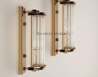 Art Deco Brass & Clear Glass Wall Light | Antique Style Wall Rod Sconce