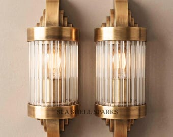 Paar Wolkenkratzer Vintage Art-Deco-Licht alte Lampe Wandleuchten Leuchte Messing & Glas Stab Schiff Licht Antik