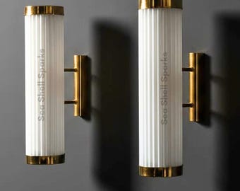 Art Deco Brass Wall Sconce Pair | Vintage Marine Style Milk Glass Lamp