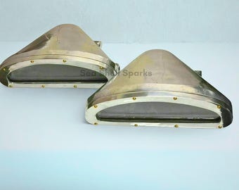 アールデコ調 ノーティカルアルミ製 トライアングルウォールライト ペア | 屋内・屋外兼用 壁付けランプ