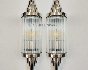 Paar Art Deco Wandleuchte Nickle Messing poliert & Klarglas Wolkenkratzer Licht