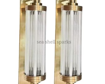 アールデコ調真鍮＆ミルク/クリアガラス製アンティークウォールライト ヴィンテージ スコンス ペア