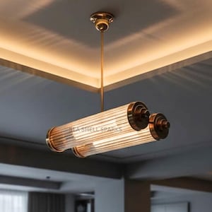 Art deco koperen en glazen wolkenkrabber kroonluchter | Vintage stijl