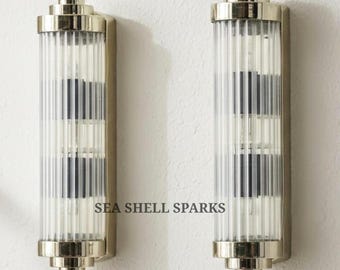 ヴィンテージアールデコ調真鍮ガラス壁取り付け用燭台ライト（ペア） - 工業用航海用ウォールランプ