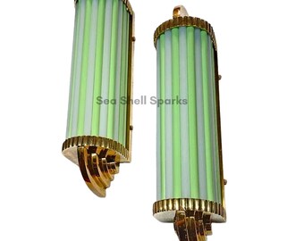Paar Vintage Art Deco Wandleuchte | Messing & Opalglas grün