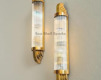 アールデコ調真鍮＆ガラス壁付け照明器具（ペア）｜ヴィンテージスタイル照明器具｜スカイスクレイパーランプ