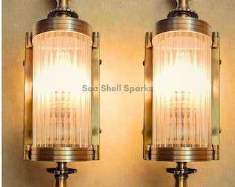 アールデコ調真鍮製壁付け燭台（ペア）｜透明ガラス製アンティーク調照明器具