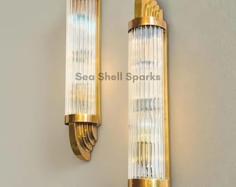 Paar Art Deco Messing & Glas Wandleuchte | Vintage Style Leuchte | Wolkenkratzer-Lampe