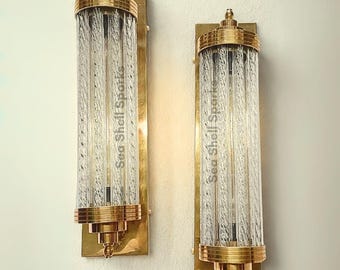 Art Deco Brass Wall Sconce Pair, Ribbed Glass Ship Light