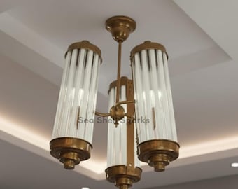 アールデコ調真鍮シャンデリア | クリア＆ミルクガラス、3連シリンダー