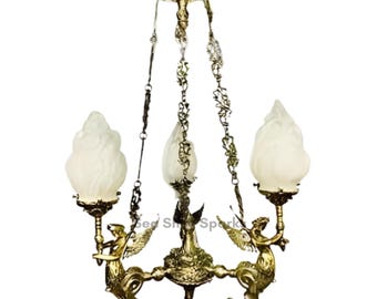 アンティーク真鍮製マーメイドシャンデリア | フロストガラスシェード付きヴィンテージシーリングライト | 3灯式装飾照明器具