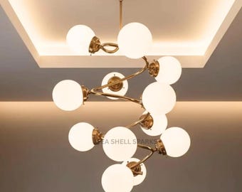 Art Deco Brass Chandelier | Vintage Milk Glass Hanging Light Fixture