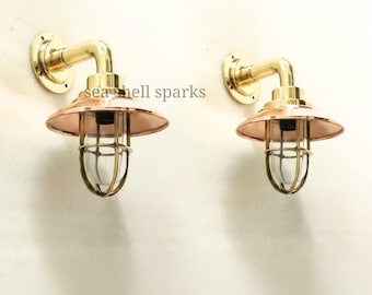 航海ヴィンテージマリン小型真鍮＆銅製壁掛け照明 銅シェード付き 2個