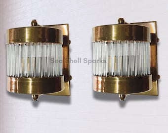 Pair of Art Deco Brass Wall Sconces Lamp | Clear Glass Antique Style Lights