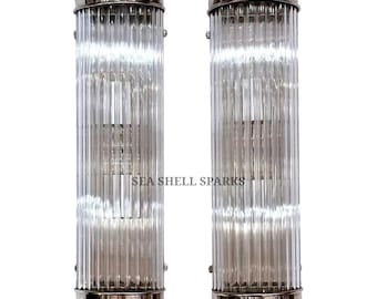 ペアスカイスクレイパーヴィンテージアールデコライト古いランプ壁取り付け用燭台器具ニッケル真鍮＆ガラスロッドシップライトアンティーク