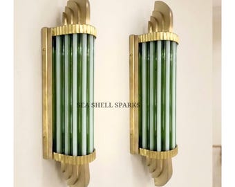 Art Deco Messing Wolkenkratzer Grün & Milchglas Vintage Antiklicht Wandleuchte