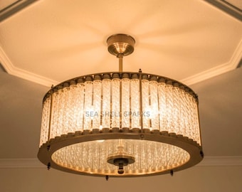 Art Deco Messing & Gerippte Glas Deckenleuchte | Vintage Style Leuchte