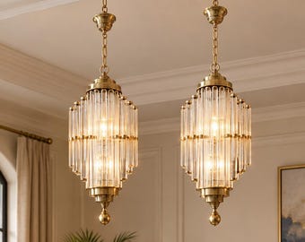 Art Deco Skyscraper Brass & Glass Rod Chandeliers| Vintage Style Ceiling Light  | Pair