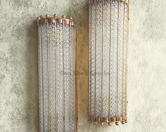 アールデコ調真鍮＆リブガラスウォールライト｜アンティーク調ウォールロッドスコンス｜ペア