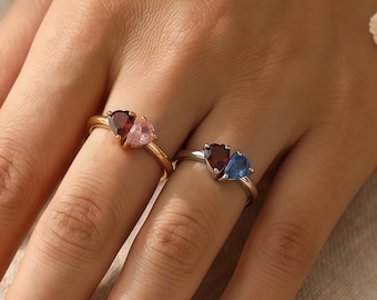 Anillo de corazón con piedra de nacimiento personalizado, anillo con dos piedras de nacimiento, anillo para madre, joyería delicada y apilable, regalo significativo para ella, regalo para el Día de la Madre.